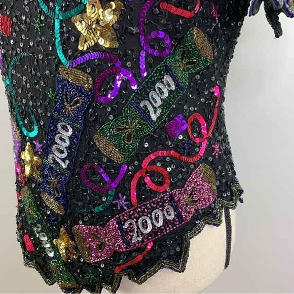 Vintage Lawrence Kazar Y2K New Year’s  Sequin Beaded Silk Top Sz M - Picture 3 of 13
